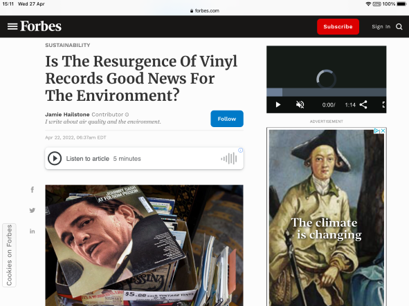 NAKED Record Club featured in Forbes - Is The Resurgence Of Vinyl Records Good News For The Environment? - April 2022